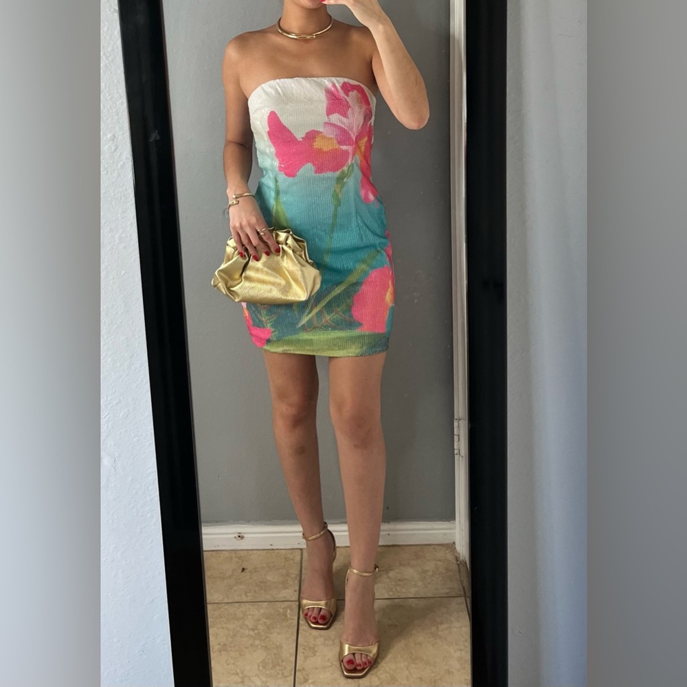 Strapless Floral Mini Dress - Multicolor - Picture 1 of 13
